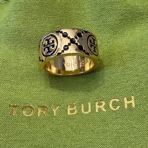 Tory Burch Gold Tone Ring with Black Enamel Logo Accents